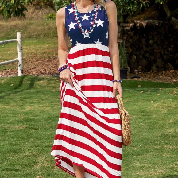 Womens American Flag Maxi Dress Sleeveless 4th of July Patriotic Summer - Picture 3 of 6